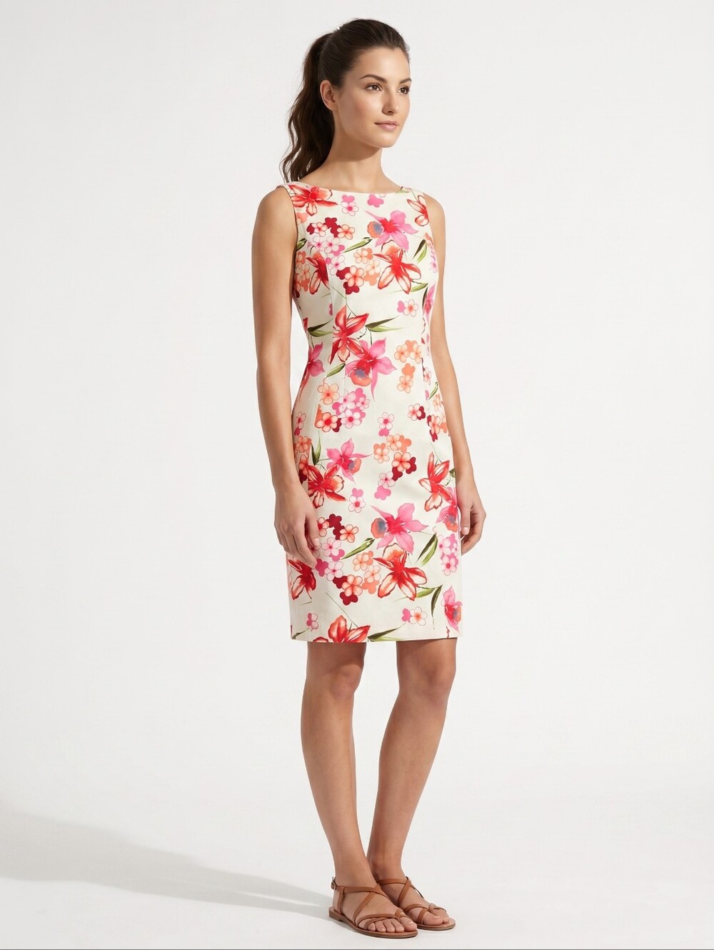 Rayon/linen Floral Sheath Floral Pink/cream Sleeveless Lined Slit Dress Sz 8P
